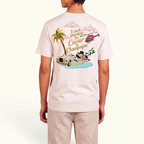 Need Money T-Shirt van Don Caviar, achterkant met de print I need money for caviar en champagne
