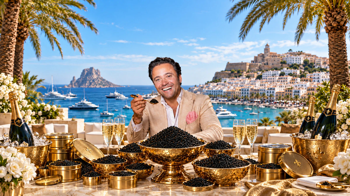 Timothy proeft kaviaar van een gouden lepel aan een gedekte tafel vol gouden schalen, champagne en bloemen, met de haven van Ibiza en Es Vedra op de achtergrond