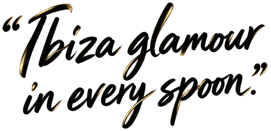 Handgeschreven quote Ibiza glamour in every spoon in zwart met gouden accenten